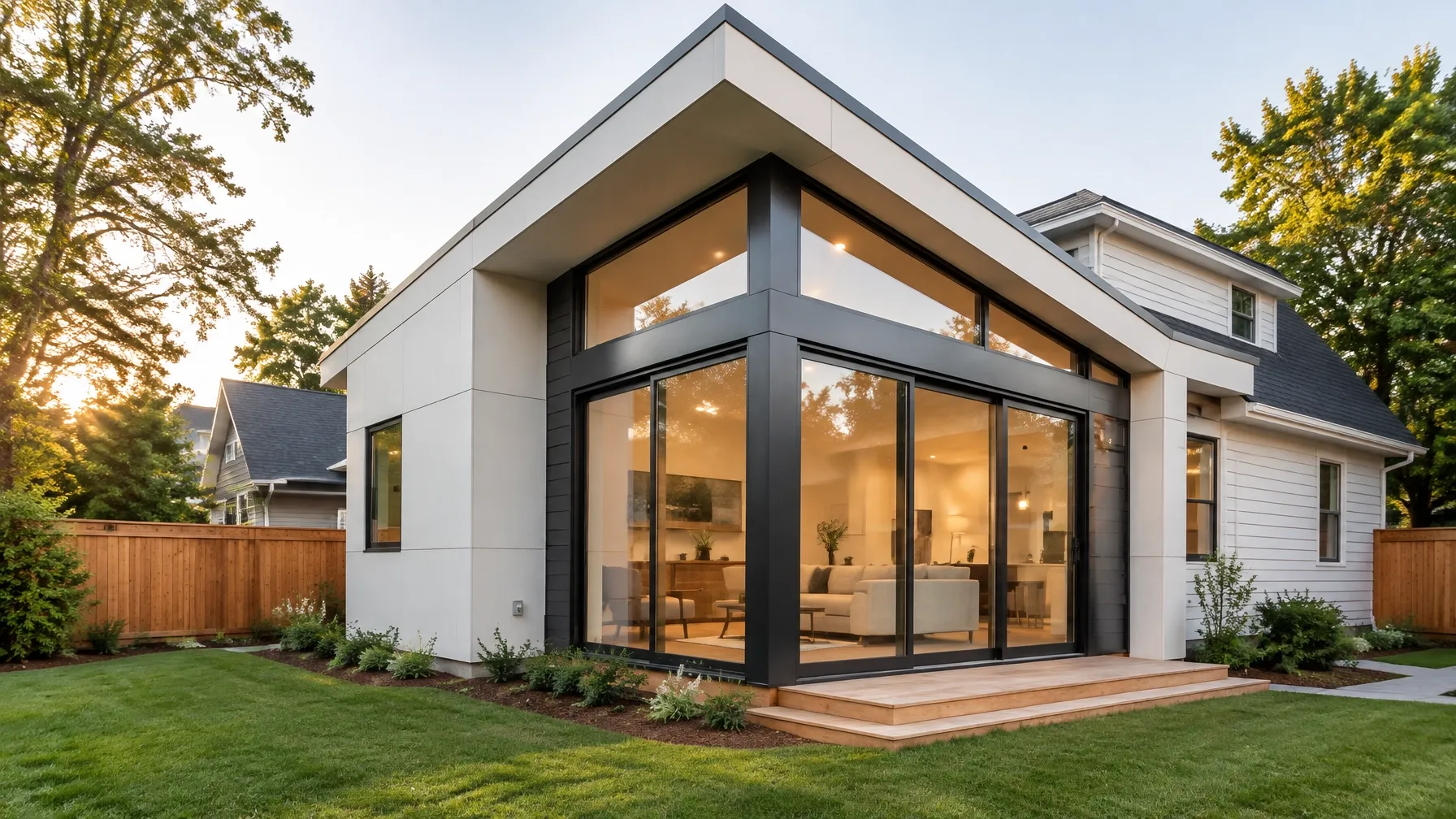 Modern home addition with large glass windows