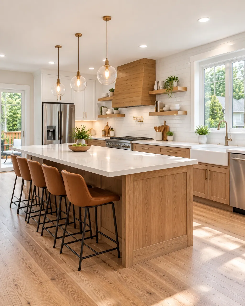 Bright remodeled kitchen with oak cabinetry and island